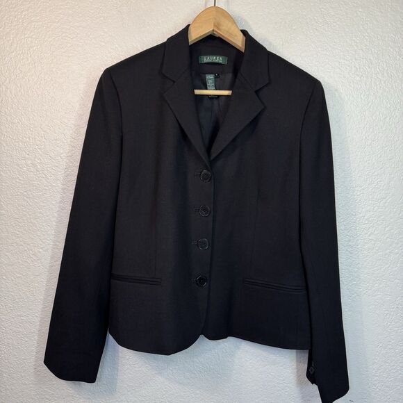 Ralph Lauren Blazer Women 12 Black Wool 4 Button Waist Length Corporate Work VTG - Picture 1 of 8